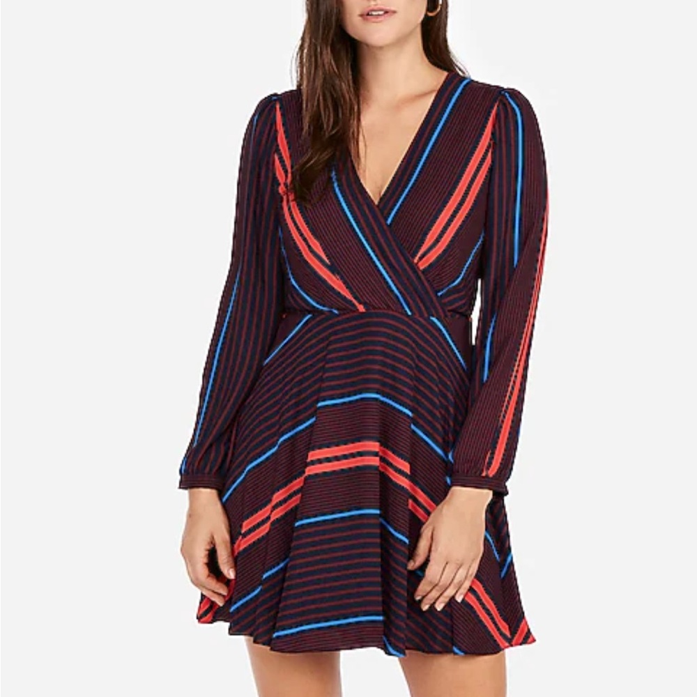 NEW Express Navy and Red Striped Long Sleeve Dress